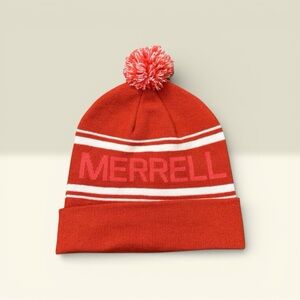 Merrell Red and White Knit Hat with Pom Pom